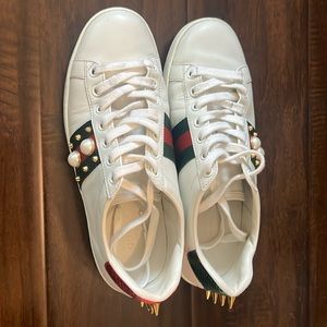 Gucci white sneakers with pearls and ace studded. Size 7.